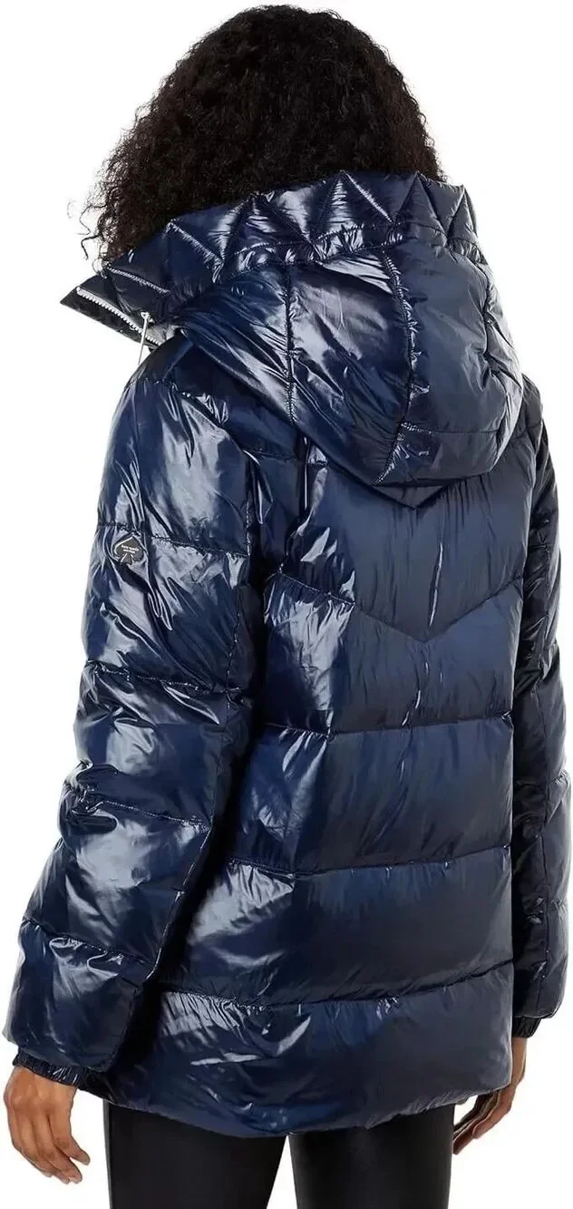 Kate Spade New York Hooded Down Puffer Jacket Shiny Navy Blue Women’s XL New